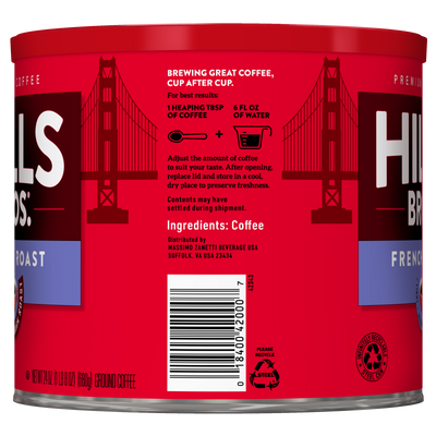 A red can of Hills Bros. Coffee French Roast - Dark Roast - Ground features preparation instructions, ingredients, a barcode, and an illustration of the Golden Gate Bridge, highlighting their signature dark blend made from premium coffee beans.