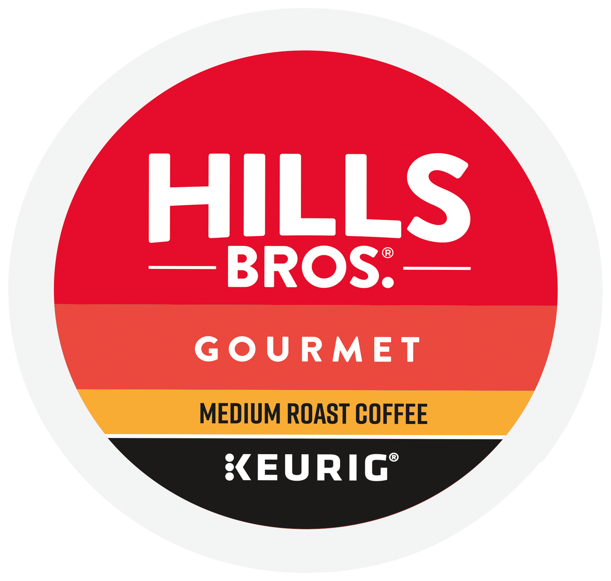 Hills Bros. Coffee Gourmet Blend - Medium Roast K-Cup® Pods feature a red and orange circular label, offering a gourmet blend compatible with Keurig systems.