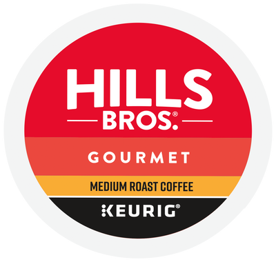 Hills Bros. Coffee Gourmet Blend - Medium Roast K-Cup® Pods feature a red and orange circular label, offering a gourmet blend compatible with Keurig systems.
