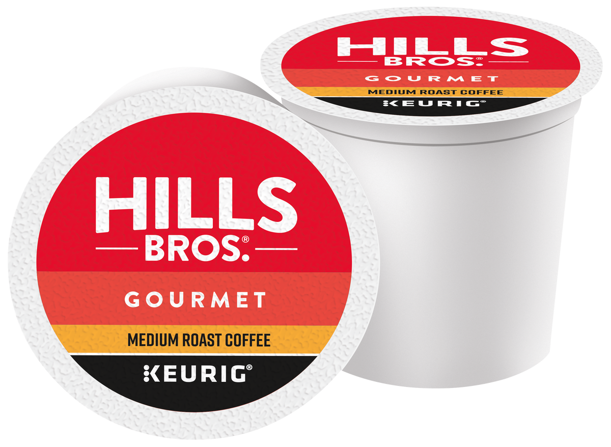 Two single-serve K-Cup® pods of Hills Bros. Coffee Gourmet Blend – Medium Roast for Keurig machines, featuring distinctive red, orange, and yellow packaging that highlights this signature gourmet coffee.