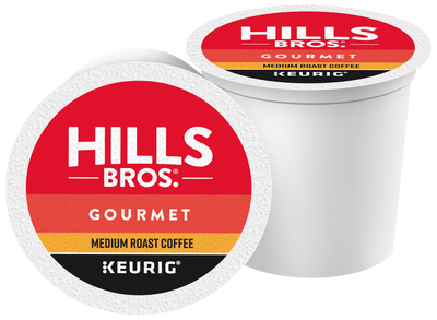 Two single-serve K-Cup® pods of Hills Bros. Coffee Gourmet Blend – Medium Roast for Keurig machines, featuring distinctive red, orange, and yellow packaging that highlights this signature gourmet coffee.