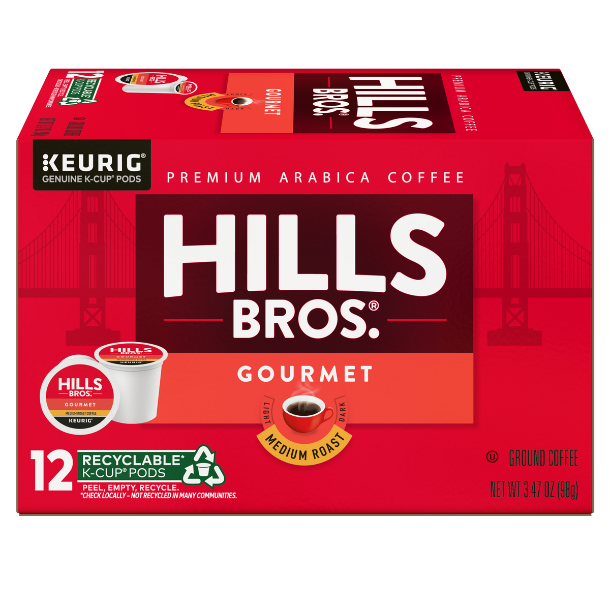 Enjoy every cup of Hills Bros. Coffee Gourmet Blend Medium Roast K-Cup® Pods, 12 count, featuring premium Arabica beans, a recyclable pods label, and a distinctive Golden Gate Bridge graphic—experience the rich flavor that sets Hills Bros. Coffee apart.