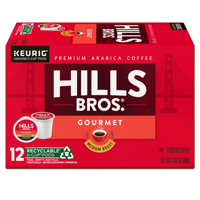 Enjoy every cup of Hills Bros. Coffee Gourmet Blend Medium Roast K-Cup® Pods, 12 count, featuring premium Arabica beans, a recyclable pods label, and a distinctive Golden Gate Bridge graphic—experience the rich flavor that sets Hills Bros. Coffee apart.