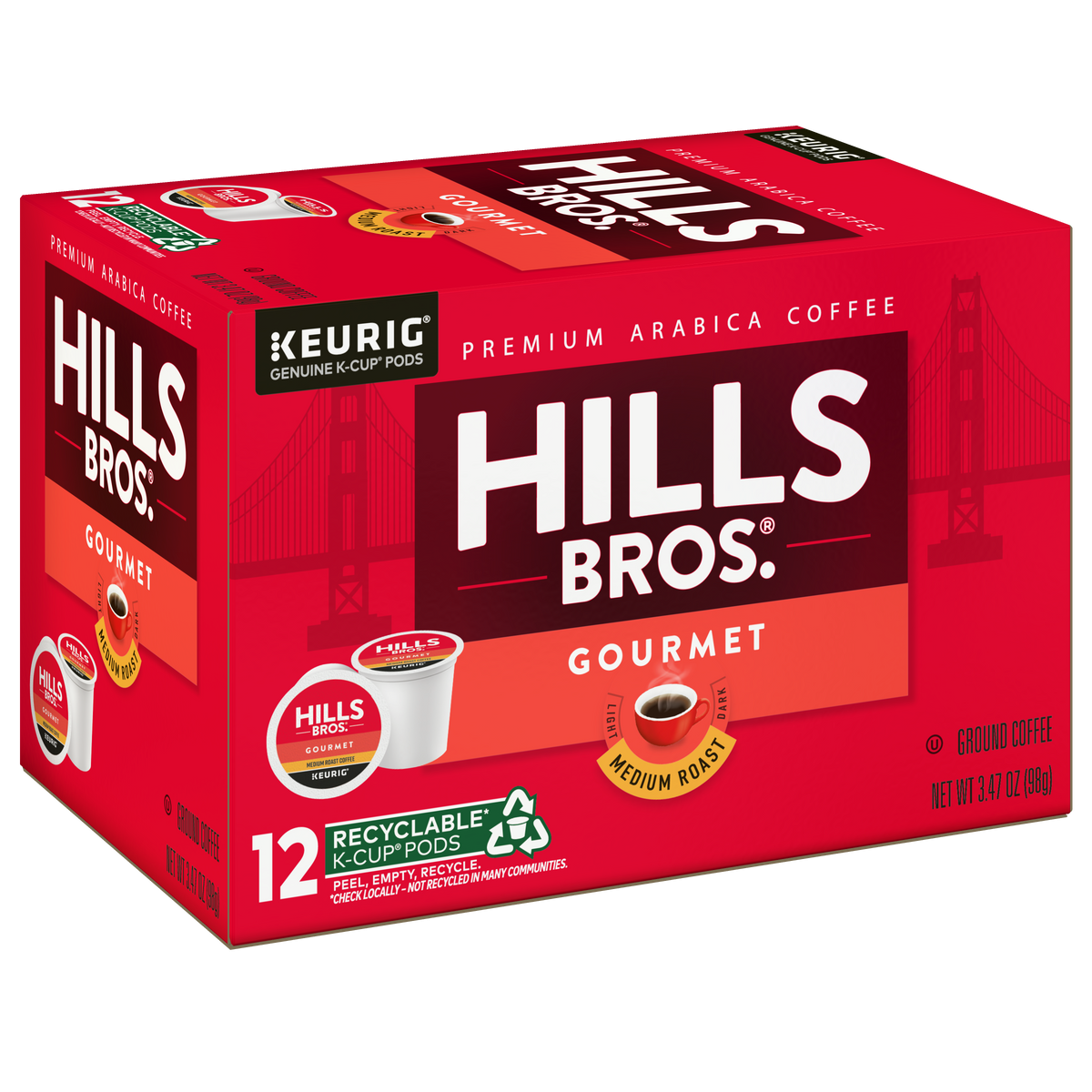 A red box of Hills Bros. Coffee Gourmet Blend Medium Roast K-Cup® Pods, containing 12 recyclable pods. The packaging features the Golden Gate Bridge and highlights the gourmet blend in every cup, along with product details.