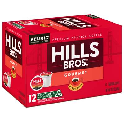 A red box of Hills Bros. Coffee Gourmet Blend Medium Roast K-Cup® Pods, containing 12 recyclable pods. The packaging features the Golden Gate Bridge and highlights the gourmet blend in every cup, along with product details.