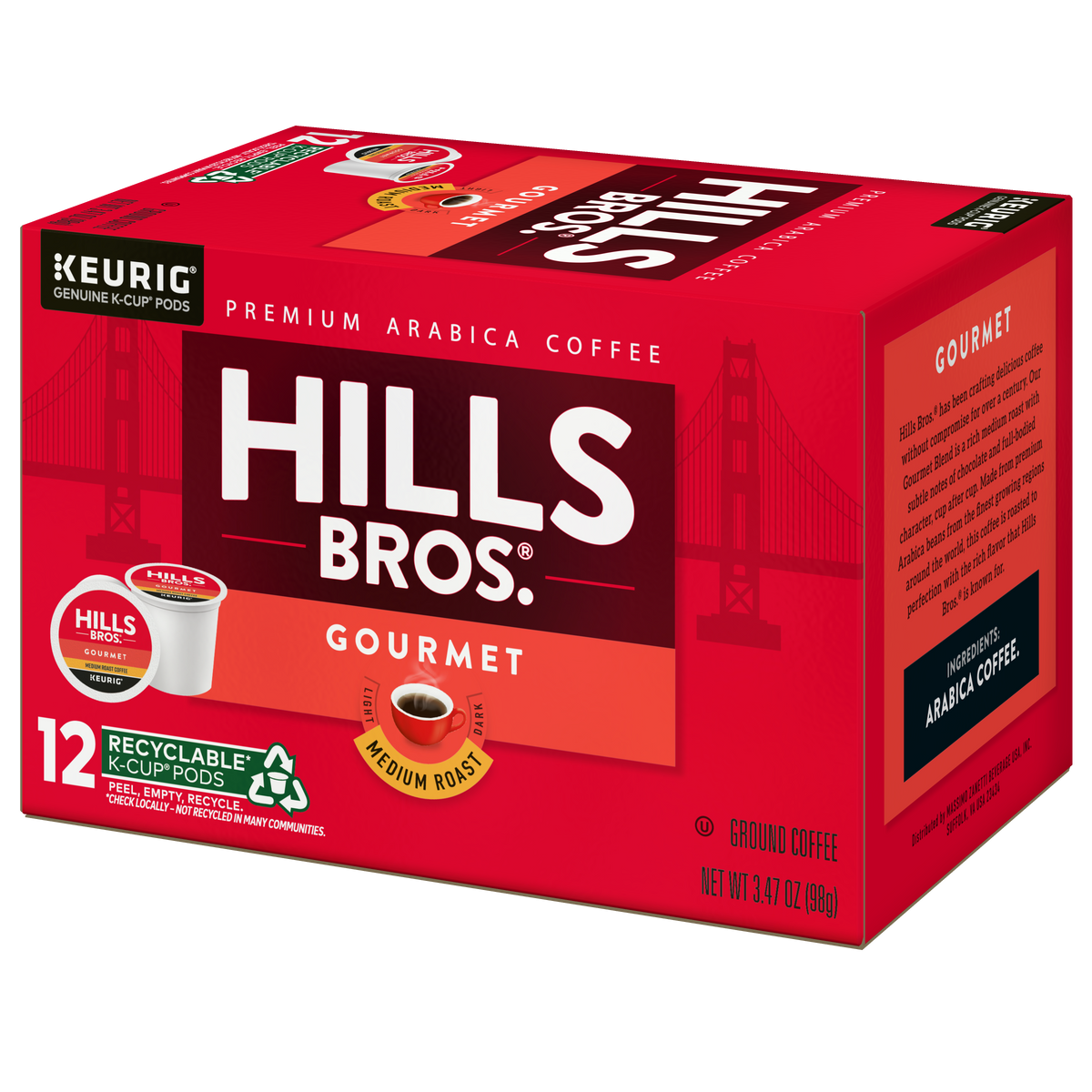 A box of Hills Bros. Coffee Gourmet Blend Medium Roast K-Cup® Pods, containing 12 recyclable pods and showcasing the iconic Golden Gate Bridge.