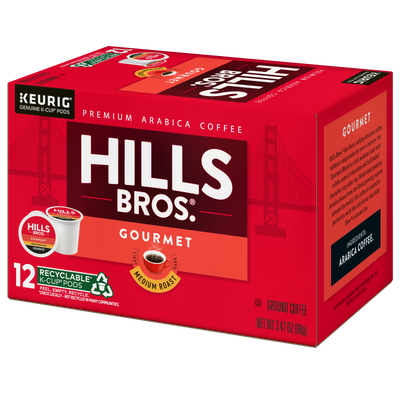 A box of Hills Bros. Coffee Gourmet Blend Medium Roast K-Cup® Pods, containing 12 recyclable pods and showcasing the iconic Golden Gate Bridge.
