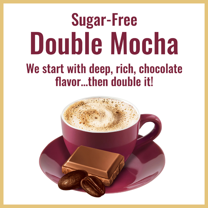 Advertisement for Hills Bros. Cappuccino's Sugar-Free Double Mocha - Instant Cappuccino Mix, featuring a cup of coffee in a red saucer with chocolate pieces and coffee beans.