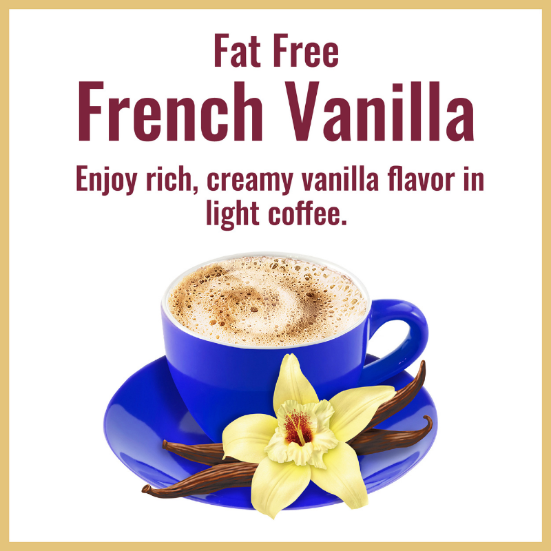 A cup of Hills Bros. Cappuccino Fat-Free French Vanilla - Instant Cappuccino Mix with foam, accompanied by a vanilla flower and bean, on a blue saucer against a white background with text promoting "fat free French vanilla.