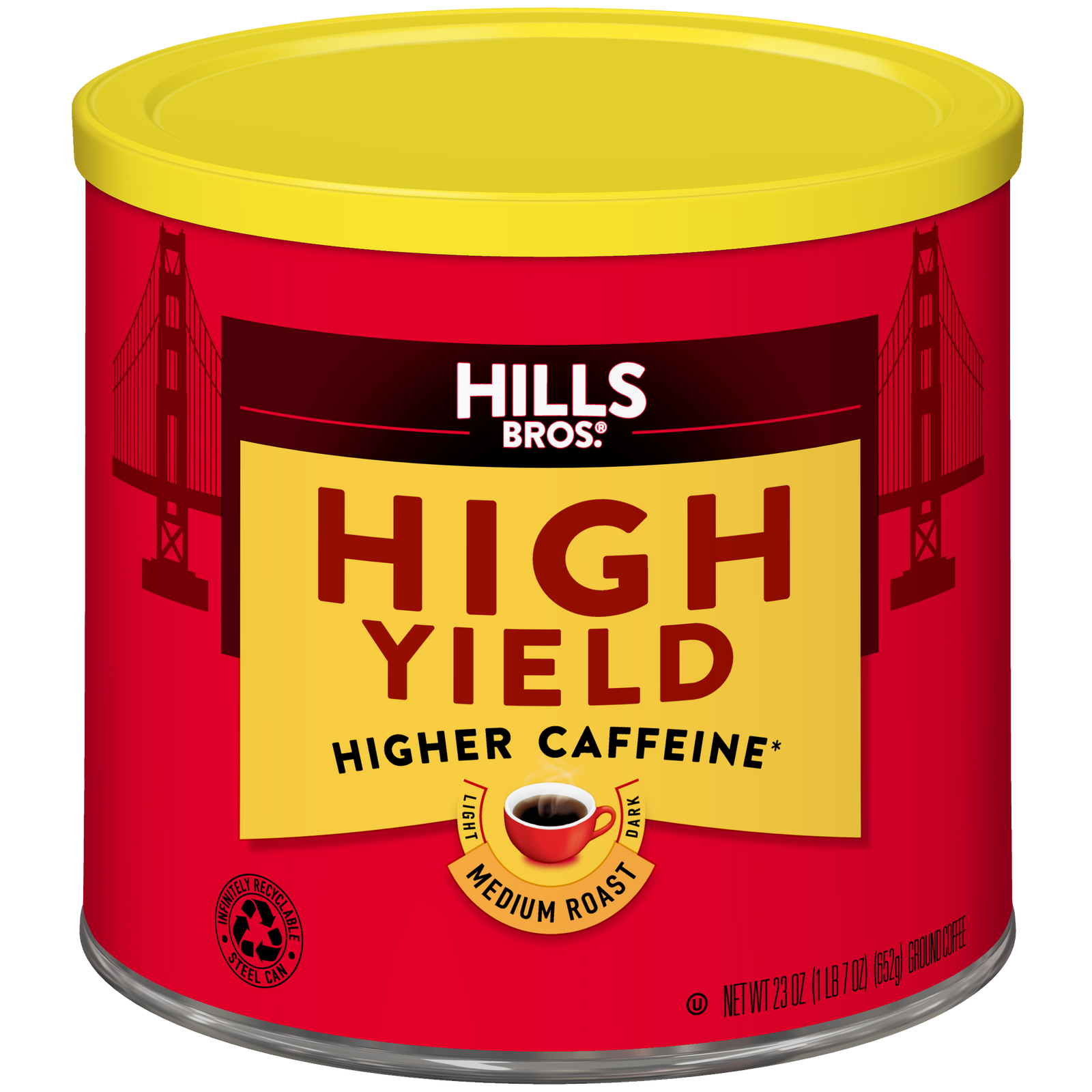 A can of Hills Bros. Coffee High Yield Medium Roast Ground, a higher-caffeine blend made from premium coffee beans and packaged in a distinctive red and yellow container featuring the Golden Gate Bridge.