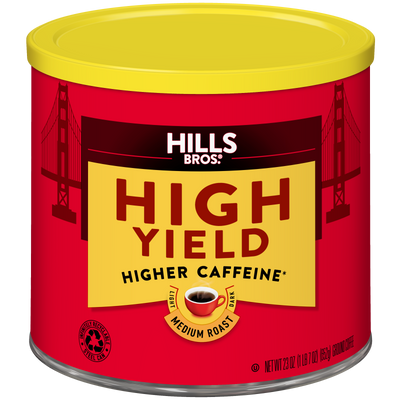 A can of Hills Bros. Coffee High Yield Medium Roast Ground, a higher-caffeine blend made from premium coffee beans and packaged in a distinctive red and yellow container featuring the Golden Gate Bridge.
