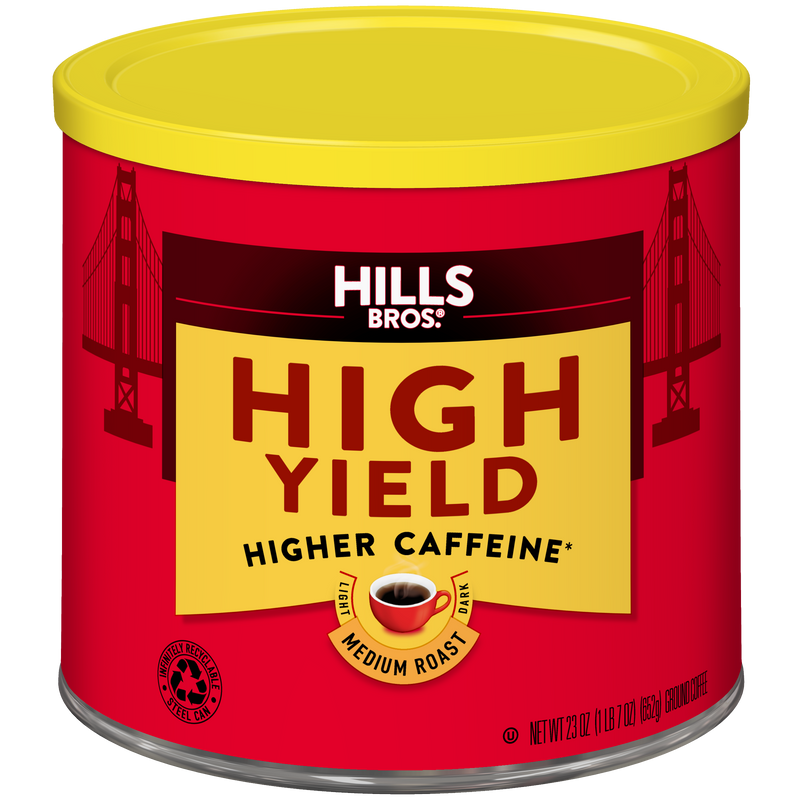 A can of Hills Bros. Coffee High Yield Medium Roast Ground, a higher-caffeine blend made from premium coffee beans and packaged in a distinctive red and yellow container featuring the Golden Gate Bridge.