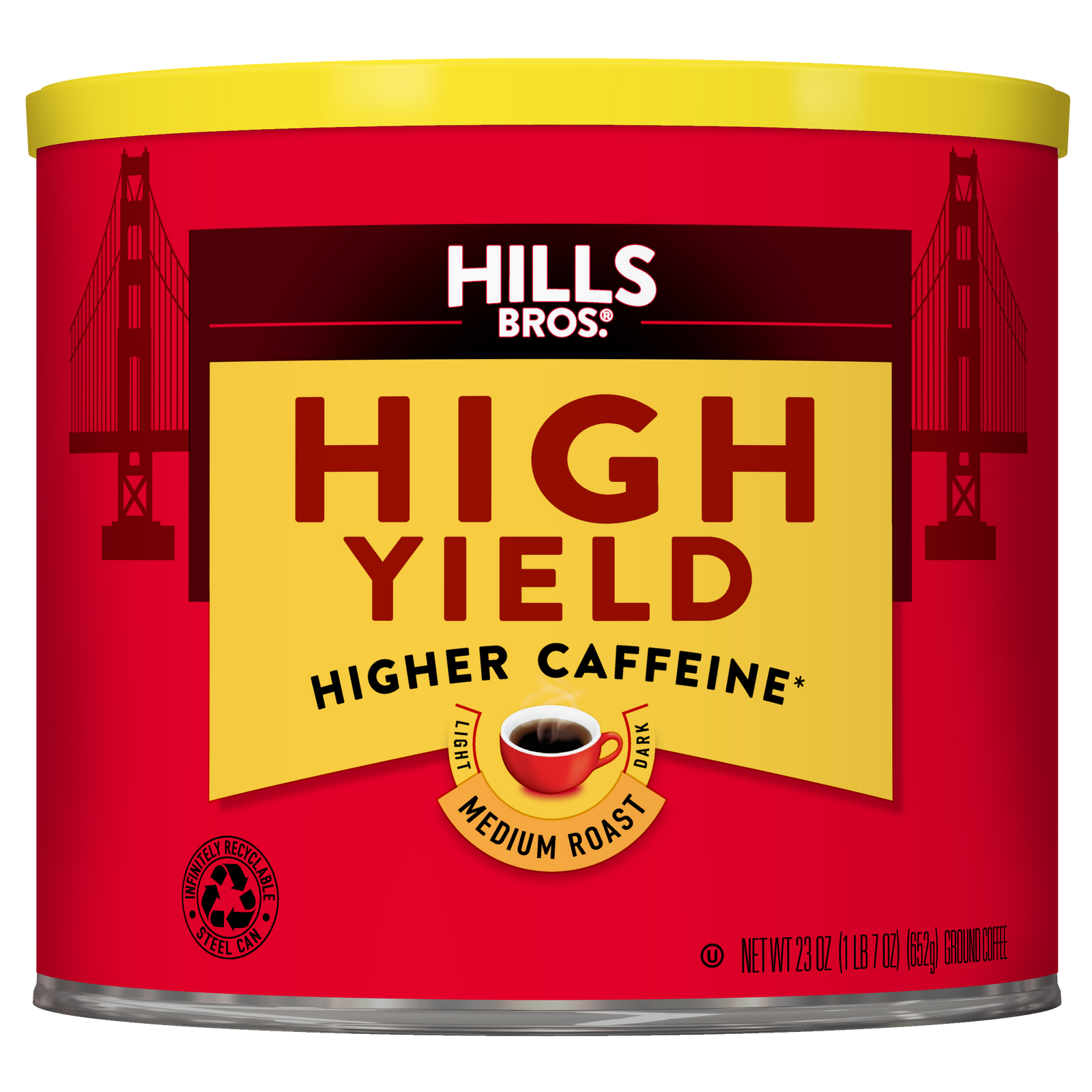 A red can of Hills Bros. Coffee High Yield Medium Roast Ground, featuring Golden Gate Bridge graphics and a small coffee cup icon.