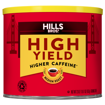A red can of Hills Bros. Coffee High Yield Medium Roast Ground, featuring Golden Gate Bridge graphics and a small coffee cup icon.