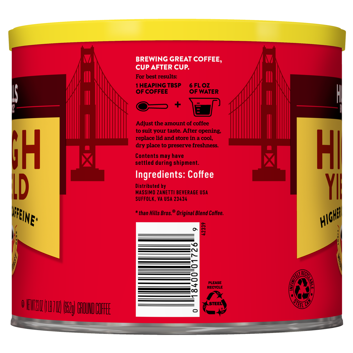 A red can of Hills Bros. Coffee High Yield - Medium Roast - Ground, with brewing instructions and an ingredient list printed on the label.