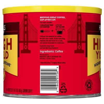 A red can of Hills Bros. Coffee High Yield - Medium Roast - Ground, with brewing instructions and an ingredient list printed on the label.