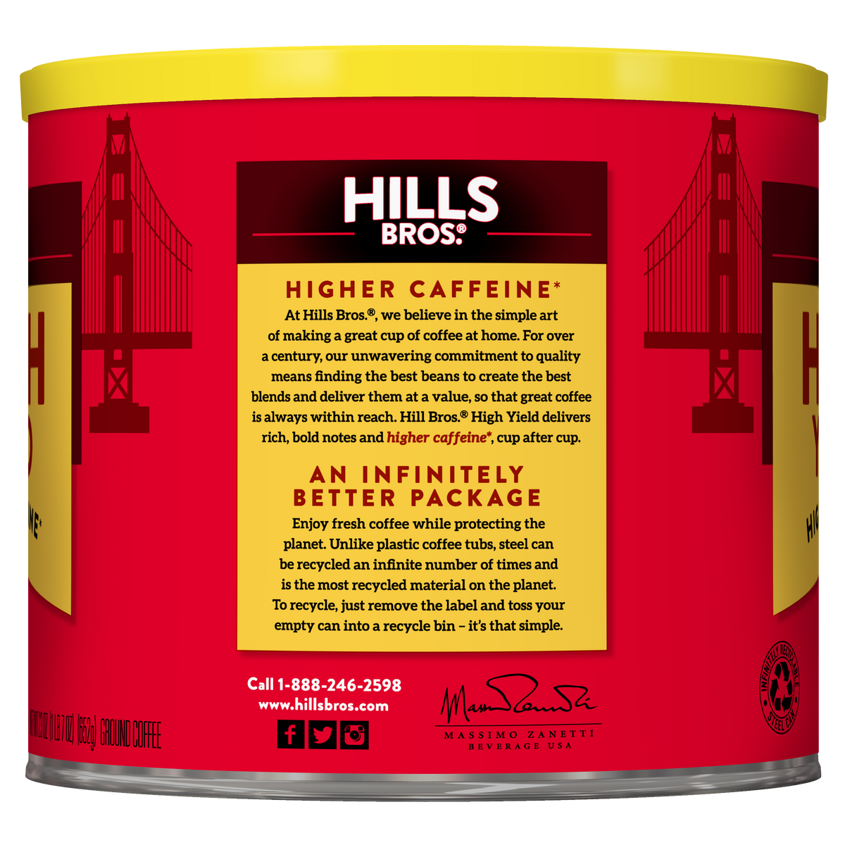 A red can of Hills Bros. Coffee High Yield—Medium Roast—Ground with gold accents, highlighting its higher caffeine content and recyclable packaging, features an image of the Golden Gate Bridge in the background. This medium roast ground coffee delivers bold flavor in every cup while celebrating San Francisco’s iconic skyline.