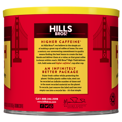 A red can of Hills Bros. Coffee High Yield—Medium Roast—Ground with gold accents, highlighting its higher caffeine content and recyclable packaging, features an image of the Golden Gate Bridge in the background. This medium roast ground coffee delivers bold flavor in every cup while celebrating San Francisco’s iconic skyline.
