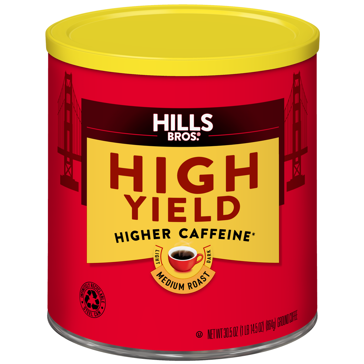 A red can of Hills Bros. Coffee High Yield Medium Roast Ground features a yellow lid and bridge tower images on the sides, offering higher caffeine and crafted from premium coffee beans for a rich, satisfying taste.