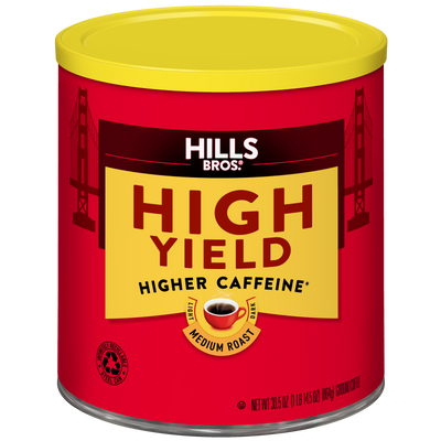 A red can of Hills Bros. Coffee High Yield Medium Roast Ground features a yellow lid and bridge tower images on the sides, offering higher caffeine and crafted from premium coffee beans for a rich, satisfying taste.