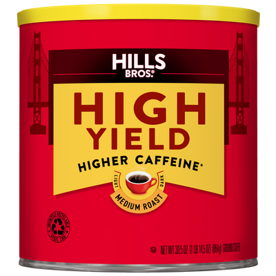 A red can of Hills Bros. Coffee High Yield Medium Roast ground coffee, featuring Golden Gate Bridge graphics on the sides and labeled “higher caffeine.”.