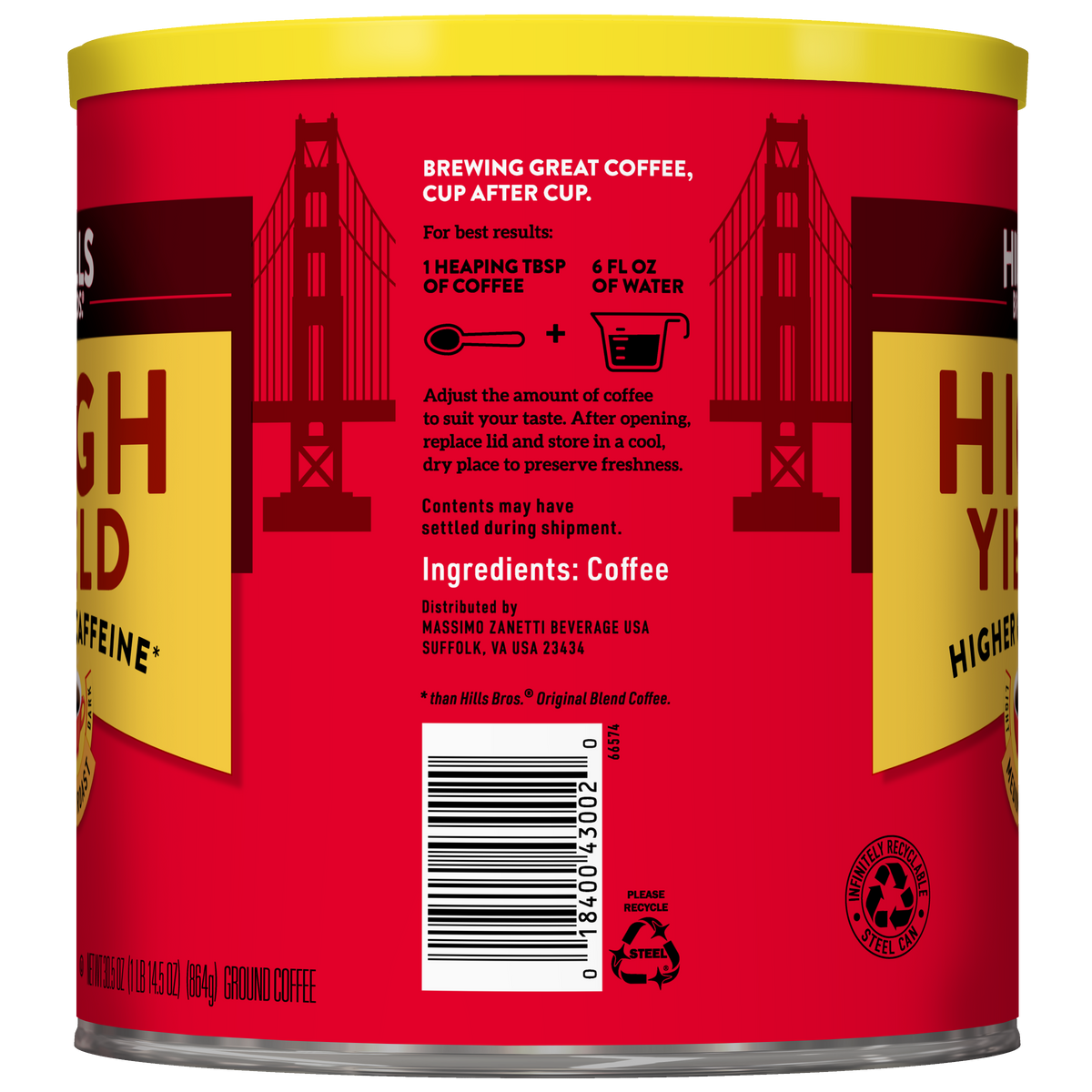 A red can of Hills Bros. Coffee High Yield Medium Roast Ground features brewing instructions, storage tips, and ingredients on its label, along with a barcode and an image of the Golden Gate Bridge in the background.