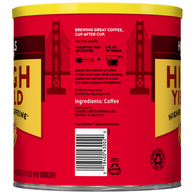 A red can of Hills Bros. Coffee High Yield Medium Roast Ground features brewing instructions, storage tips, and ingredients on its label, along with a barcode and an image of the Golden Gate Bridge in the background.
