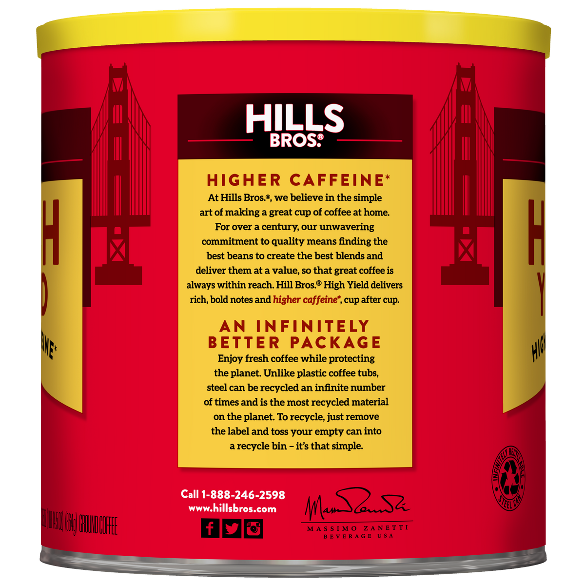 A can of Hills Bros. Coffee High Yield - Medium Roast - Ground, with packaging that emphasizes its higher caffeine content and improved design featuring a bold red background and an illustration of the Golden Gate Bridge. This medium roast ground coffee delivers rich flavor in every cup.