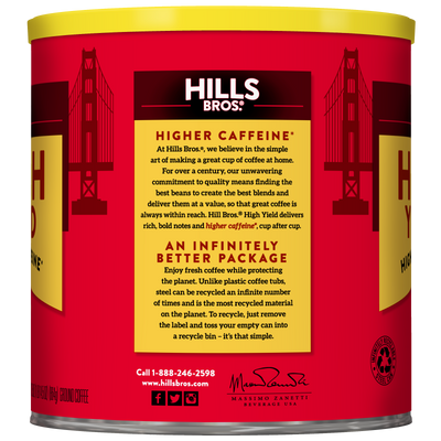 A can of Hills Bros. Coffee High Yield - Medium Roast - Ground, with packaging that emphasizes its higher caffeine content and improved design featuring a bold red background and an illustration of the Golden Gate Bridge. This medium roast ground coffee delivers rich flavor in every cup.