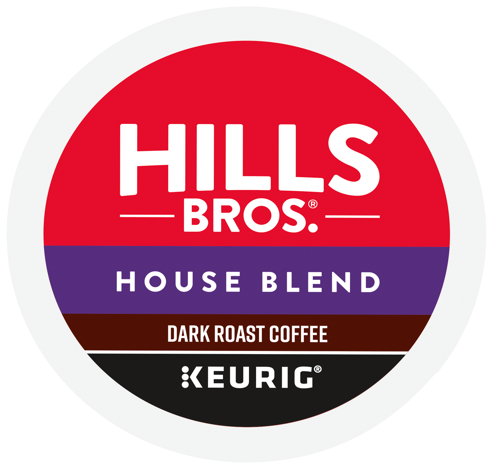 The lid of Hills Bros. Coffee House Blend - Dark Roast - K-Cup® Pods features red, purple, and brown bands in a circular design with white text, capturing the rich and bold flavor that defines every cup of this signature coffee.