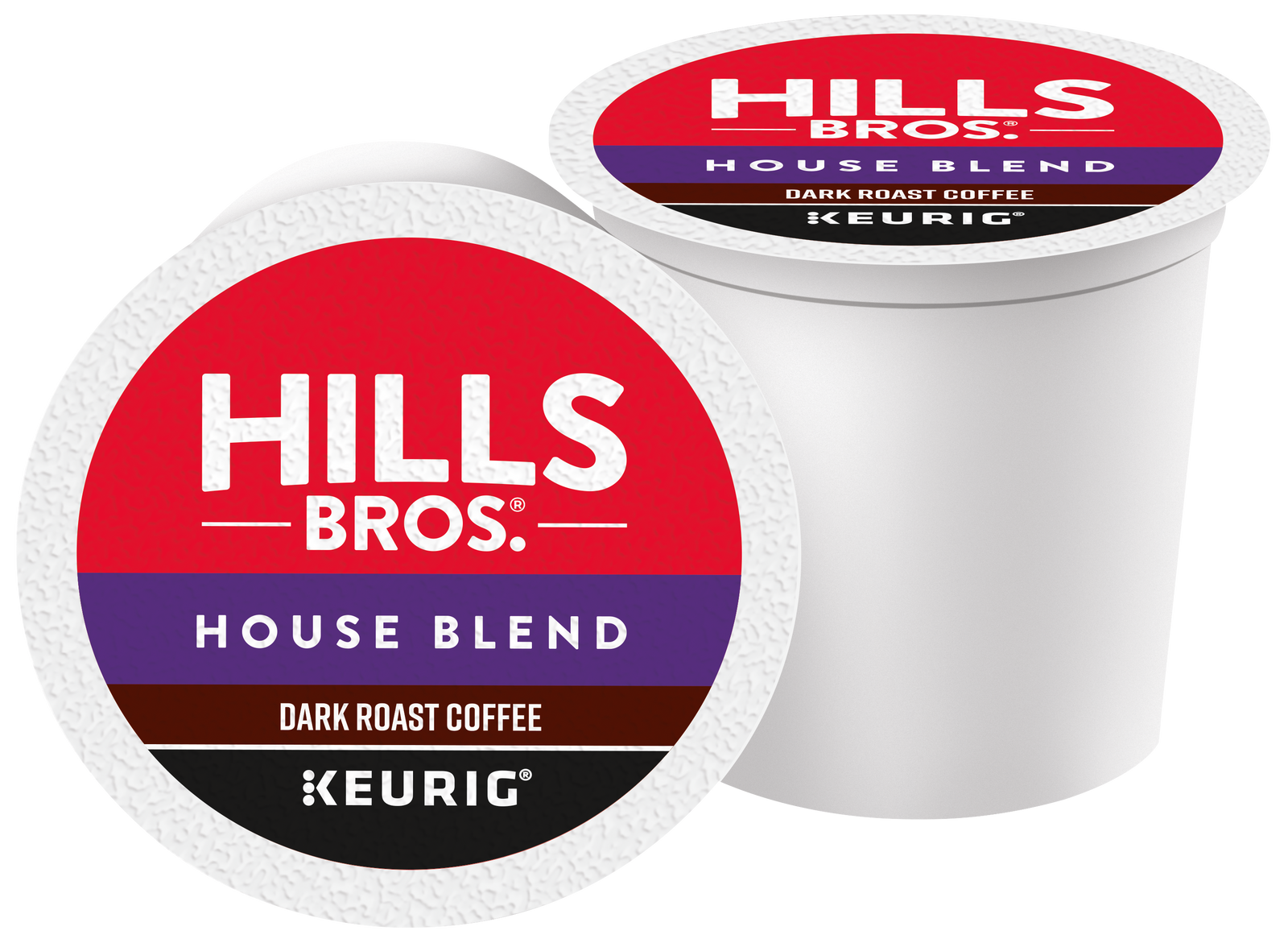 Two single-serve K-Cup® Pods of Hills Bros. Coffee House Blend Dark Roast, featuring red, purple, and white packaging—ideal for savoring the bold flavor of Hills Bros. Coffee whether you’re at home or on the go.