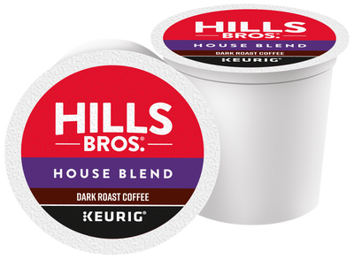Two single-serve K-Cup® Pods of Hills Bros. Coffee House Blend Dark Roast, featuring red, purple, and white packaging—ideal for savoring the bold flavor of Hills Bros. Coffee whether you’re at home or on the go.