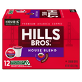 A red box of Hills Bros. Coffee House Blend - Dark Roast K-Cup® Pods, containing 12 recyclable pods, features images of the Golden Gate Bridge and a coffee cup on the packaging.