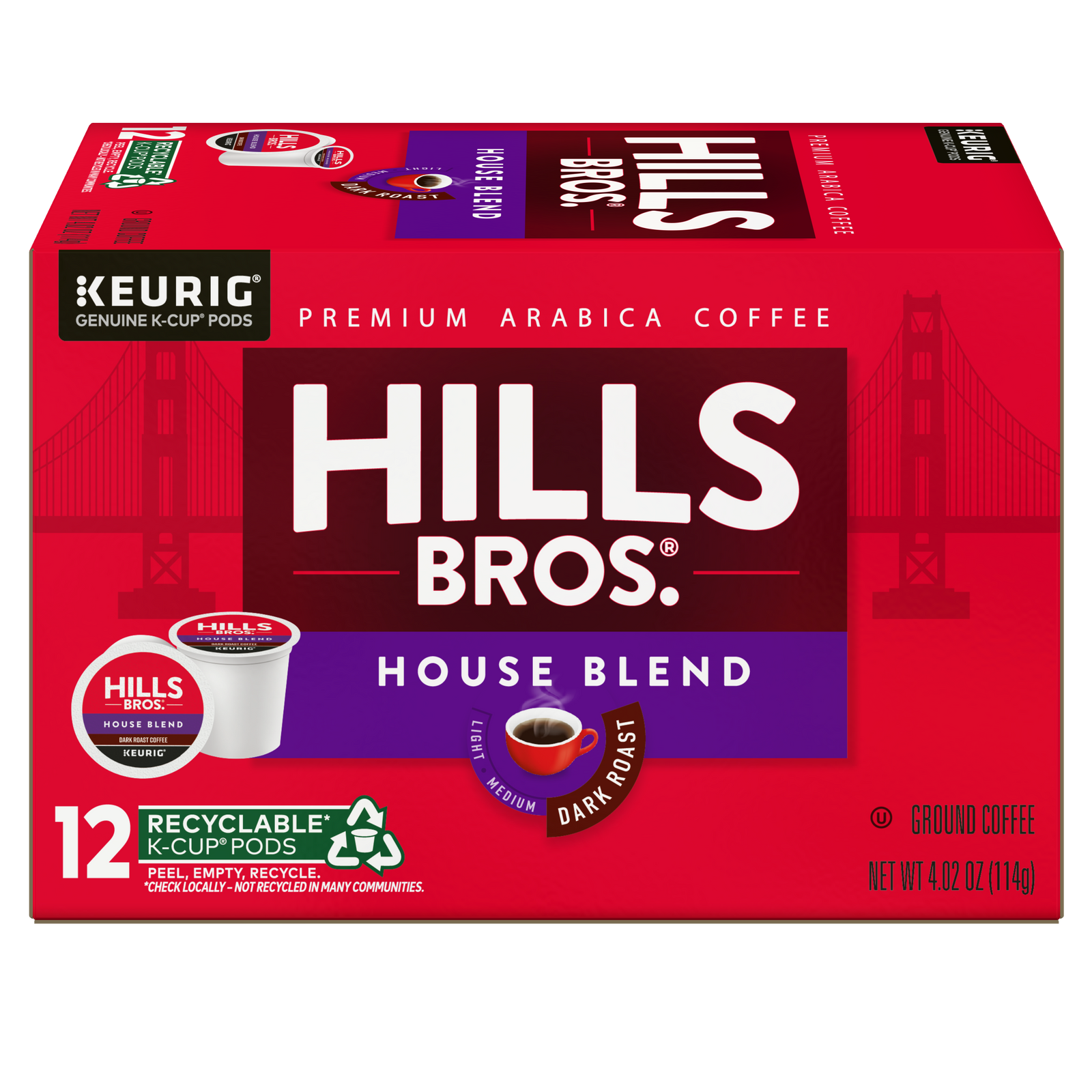 A red box of Hills Bros. Coffee House Blend - Dark Roast K-Cup® Pods, containing 12 recyclable pods, features images of the Golden Gate Bridge and a coffee cup on the packaging.