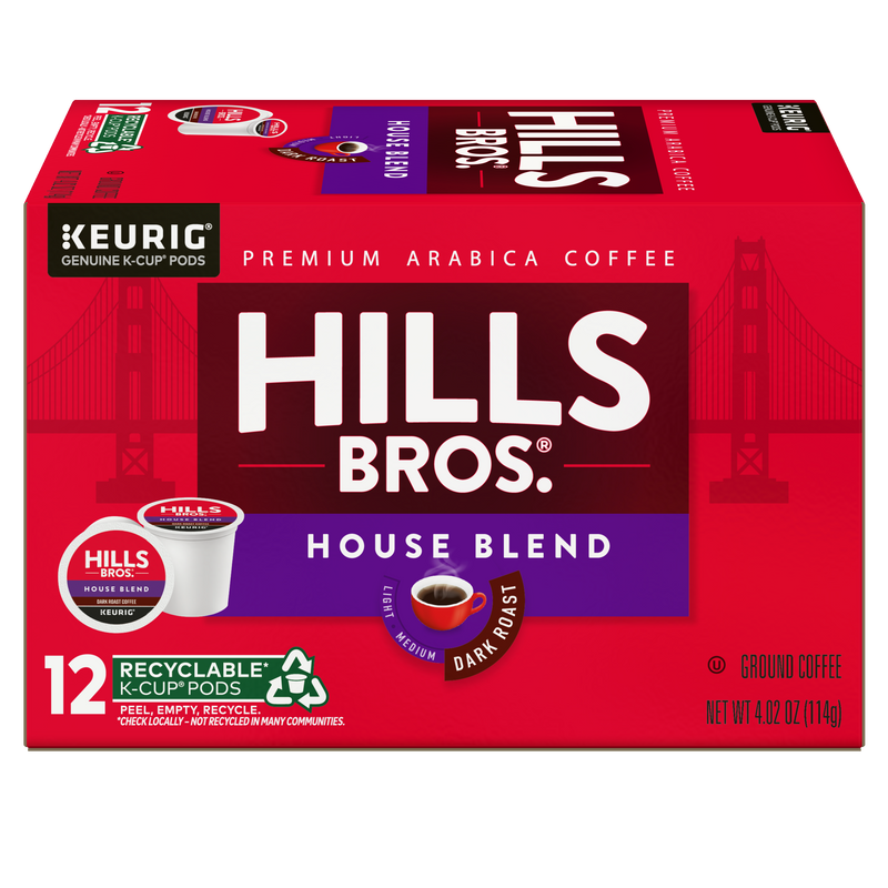 A red box of Hills Bros. Coffee House Blend - Dark Roast K-Cup® Pods, containing 12 recyclable pods, features images of the Golden Gate Bridge and a coffee cup on the packaging.