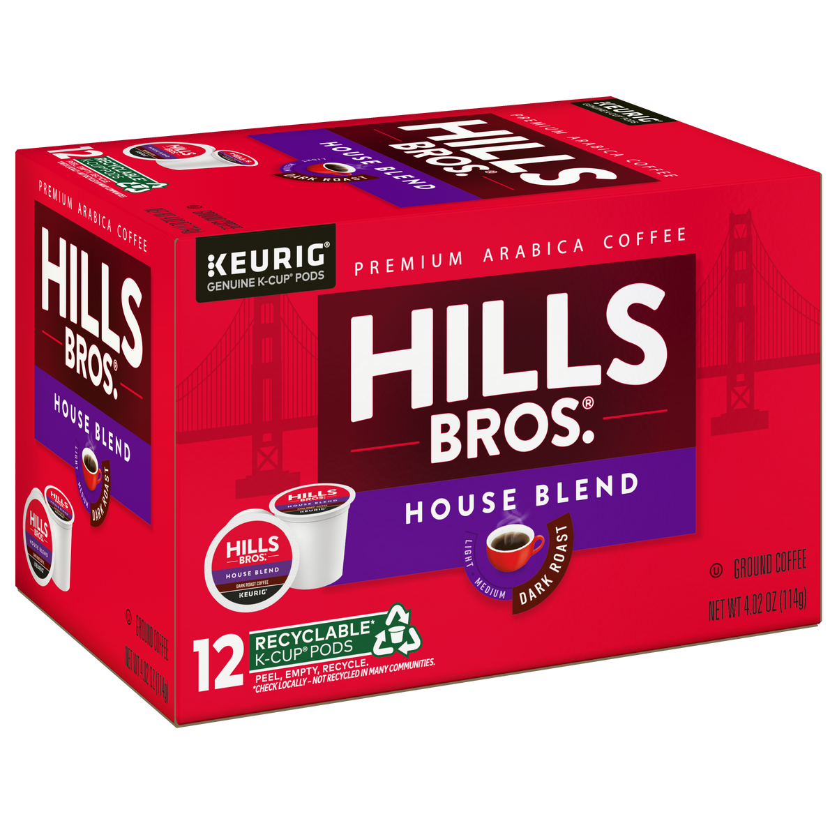 A red box of Hills Bros. Coffee House Blend - Dark Roast K-Cup® Pods contains 12 recyclable single-serve cups, and features images of the Golden Gate Bridge and a coffee cup on its packaging.