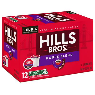 A red box of Hills Bros. Coffee House Blend - Dark Roast K-Cup® Pods contains 12 recyclable single-serve cups, and features images of the Golden Gate Bridge and a coffee cup on its packaging.
