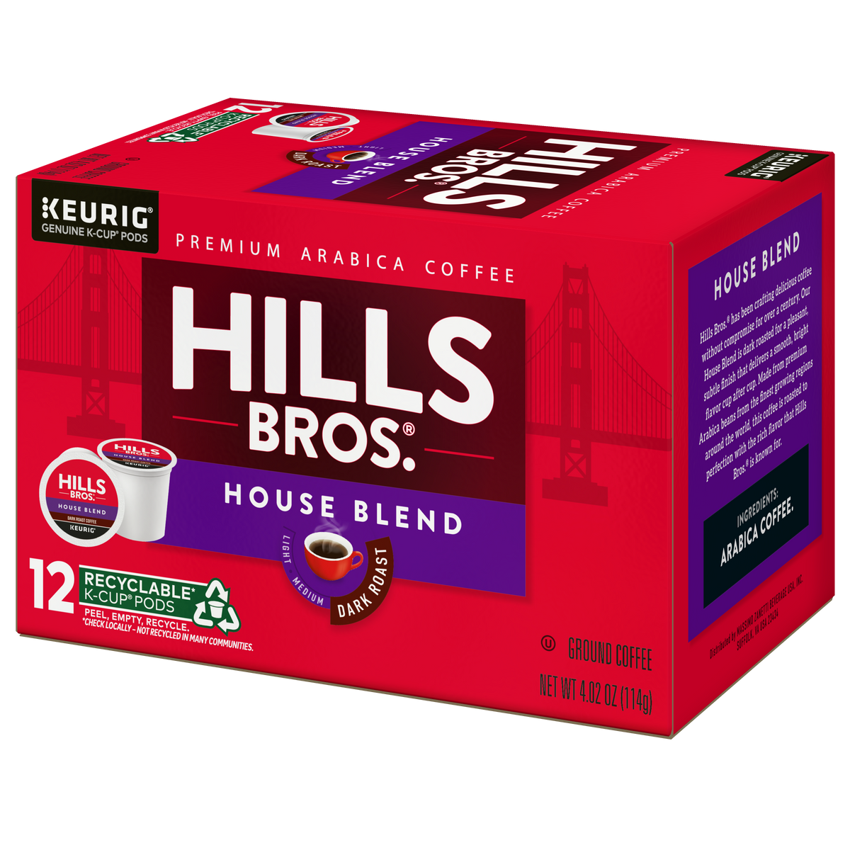 Box of Hills Bros. Coffee House Blend - Dark Roast K-Cup® Pods, containing 12 recyclable pods and featuring a striking Golden Gate Bridge graphic along with detailed product information—ideal for those who love bold, rich coffee from Hills Bros.