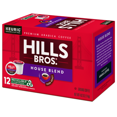 Box of Hills Bros. Coffee House Blend - Dark Roast K-Cup® Pods, containing 12 recyclable pods and featuring a striking Golden Gate Bridge graphic along with detailed product information—ideal for those who love bold, rich coffee from Hills Bros.