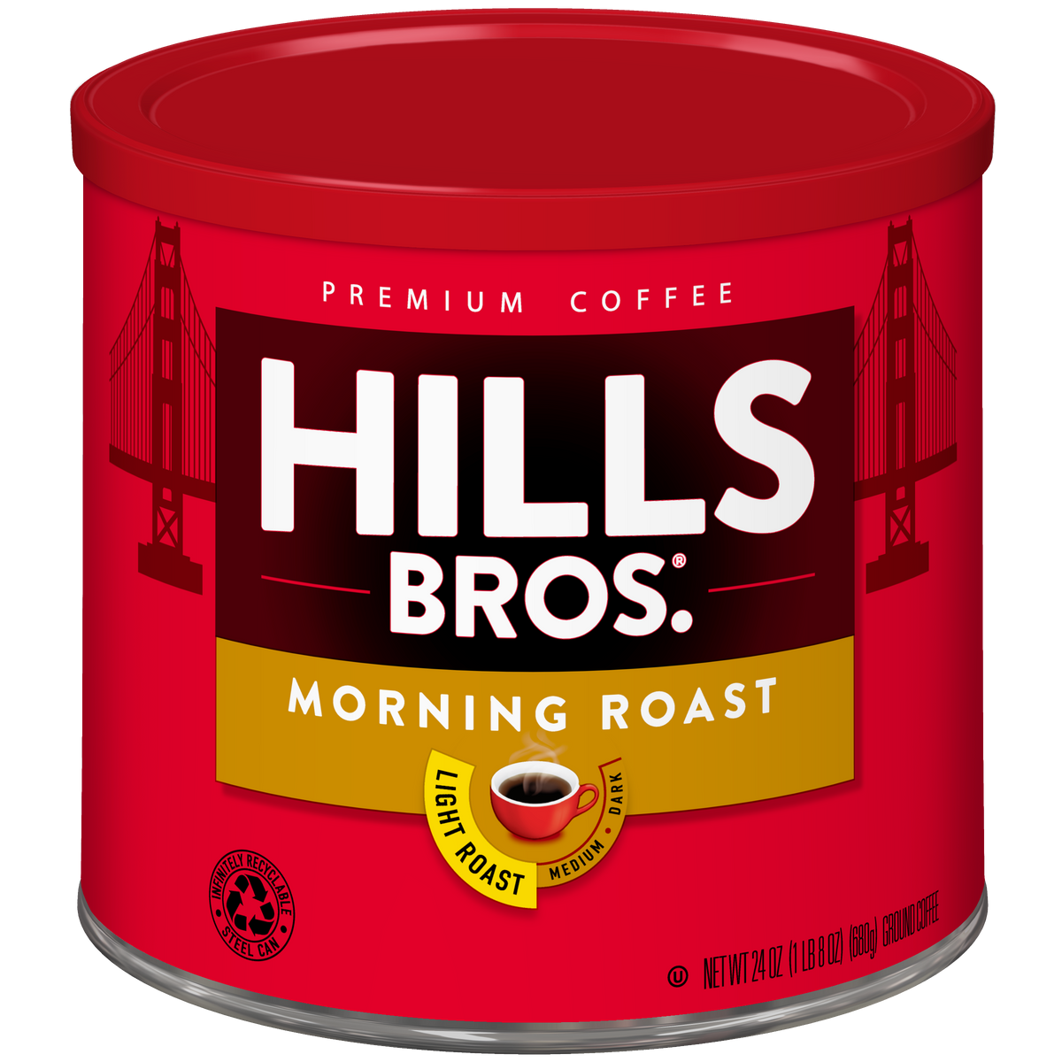 A red can of Hills Bros. Coffee Morning Roast - Light Roast - Ground, featuring Golden Gate Bridge graphics and a small coffee cup image on the front, offers expertly selected premium coffee beans for a rich and aromatic experience.