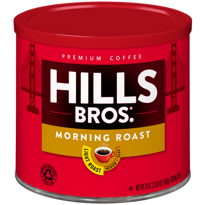 A red can of Hills Bros. Coffee Morning Roast - Light Roast - Ground, featuring Golden Gate Bridge graphics and a small coffee cup image on the front, offers expertly selected premium coffee beans for a rich and aromatic experience.
