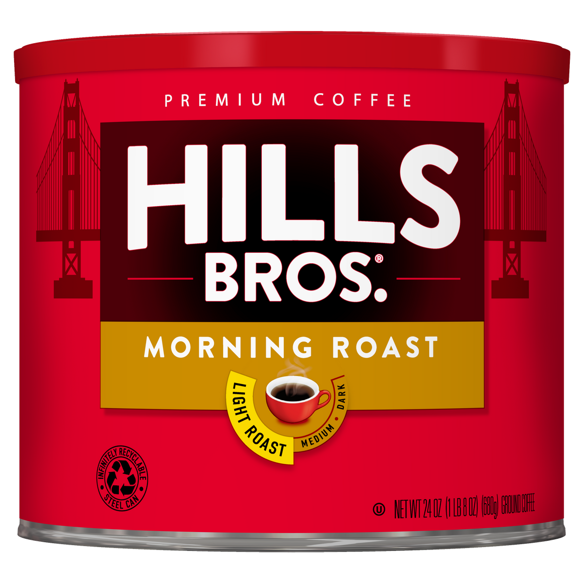 A red can of Hills Bros. Coffee Morning Roast - Light Roast - Ground displays an image of a coffee cup and the Golden Gate Bridge in the background, offering a smooth, rich flavor crafted from premium coffee beans.