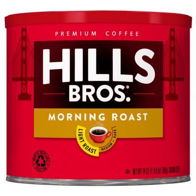 A red can of Hills Bros. Coffee Morning Roast - Light Roast - Ground displays an image of a coffee cup and the Golden Gate Bridge in the background, offering a smooth, rich flavor crafted from premium coffee beans.