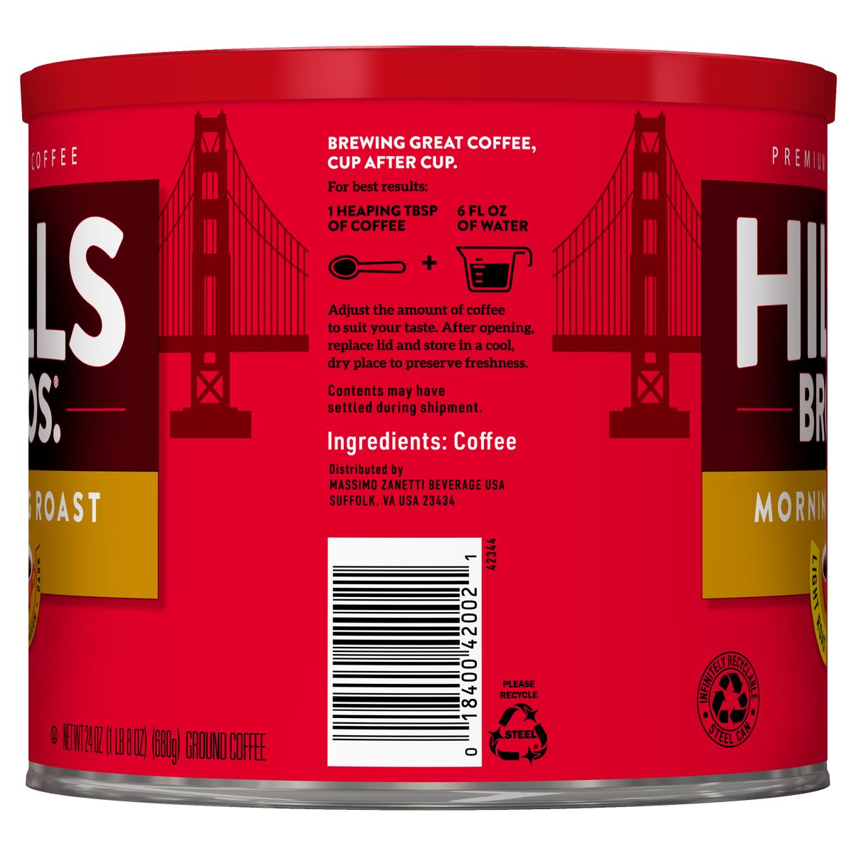 A red Hills Bros. Coffee can of Morning Roast - Light Roast - Ground displays brewing instructions, ingredient information, and an image of the Golden Gate Bridge, highlighting the rich flavor of premium coffee beans in this perfect light roast.