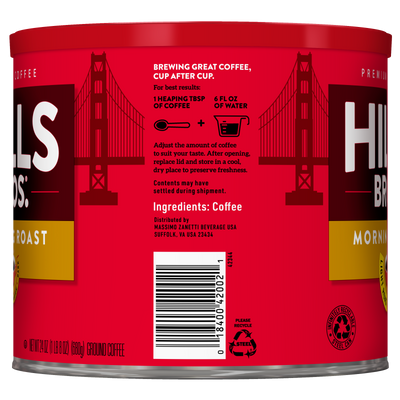 A red Hills Bros. Coffee can of Morning Roast - Light Roast - Ground displays brewing instructions, ingredient information, and an image of the Golden Gate Bridge, highlighting the rich flavor of premium coffee beans in this perfect light roast.