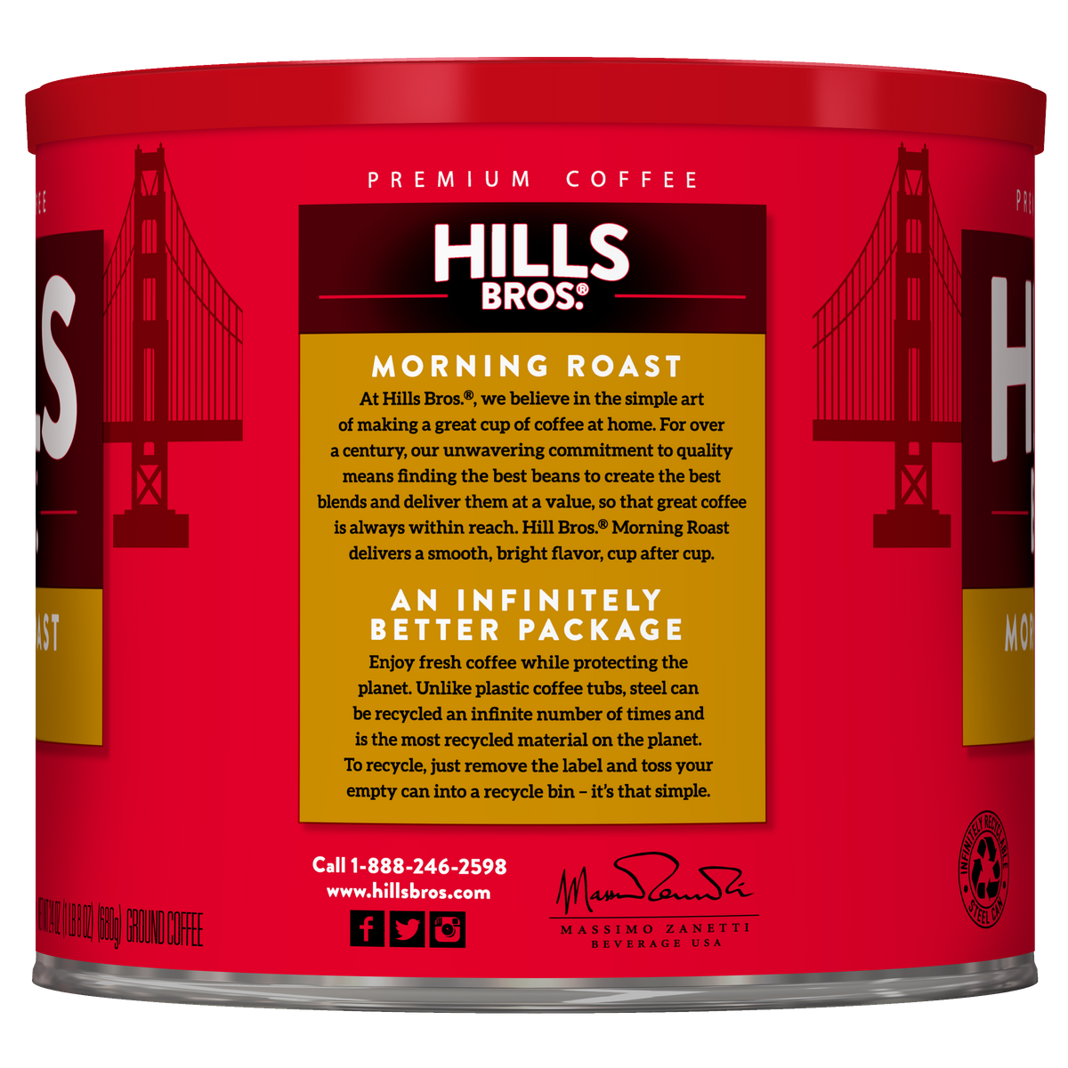 A red can of Hills Bros. Coffee Morning Roast - Light Roast - Ground, made from premium coffee beans, with product and recycling information printed on the label.
