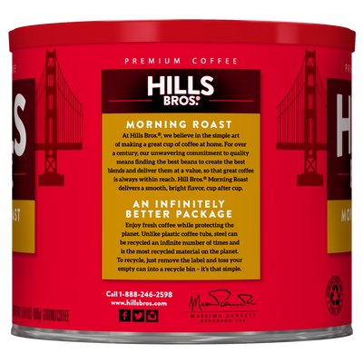 A red can of Hills Bros. Coffee Morning Roast - Light Roast - Ground, made from premium coffee beans, with product and recycling information printed on the label.