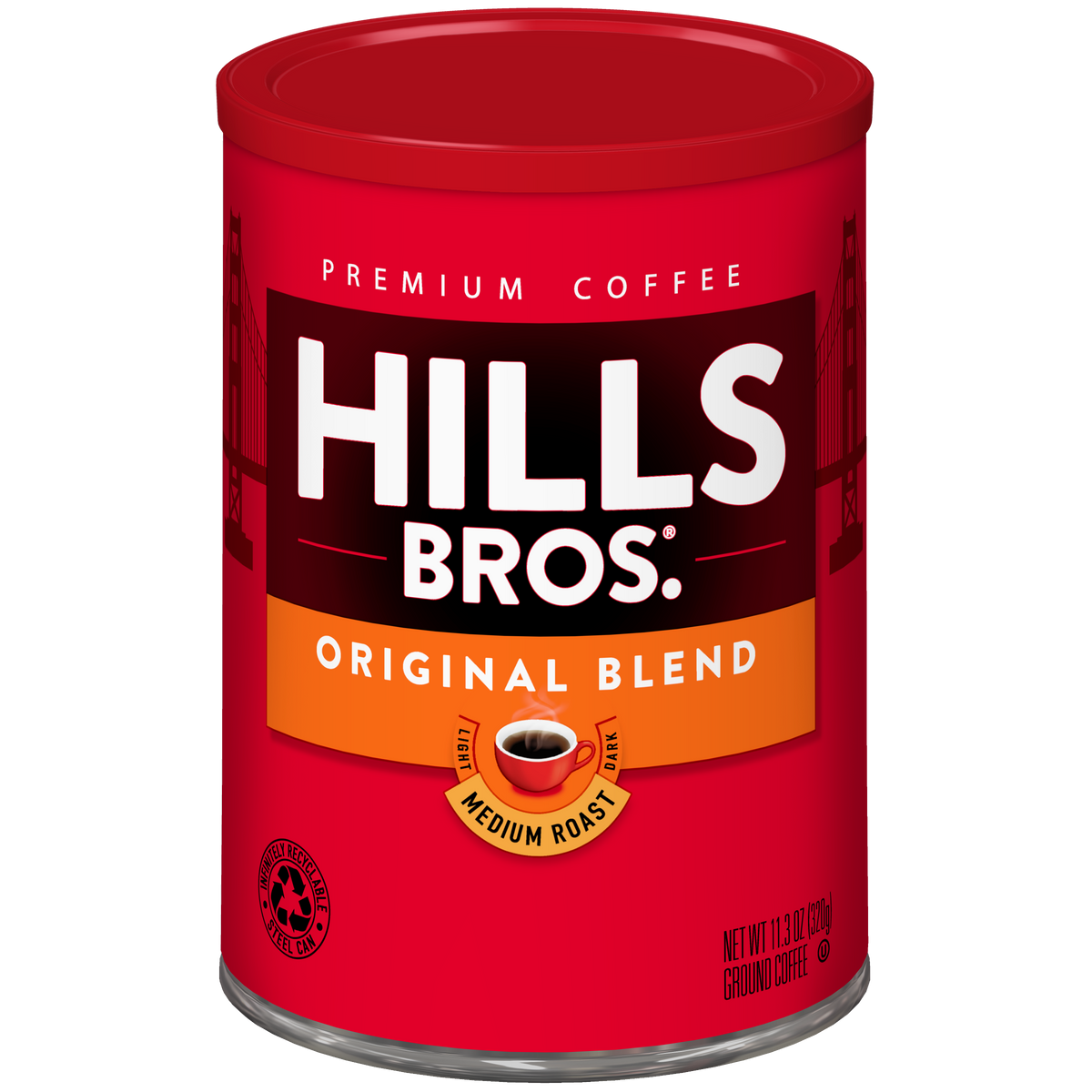 A red can of Hills Bros. Coffee Original Blend Medium Roast Ground, 11.3 oz, featuring an image of a coffee cup on the label. Made from premium coffee beans, this Hills Bros. Coffee ground coffee offers a smooth and satisfying flavor in every cup.