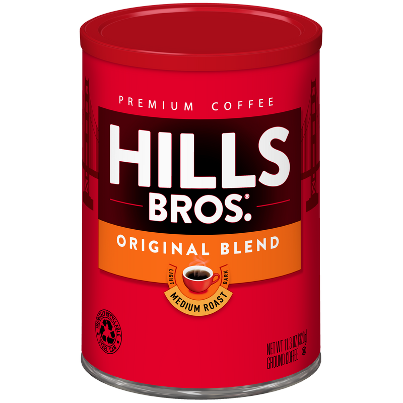 A red can of Hills Bros. Coffee Original Blend Medium Roast Ground, 11.3 oz, featuring an image of a coffee cup on the label. Made from premium coffee beans, this Hills Bros. Coffee ground coffee offers a smooth and satisfying flavor in every cup.