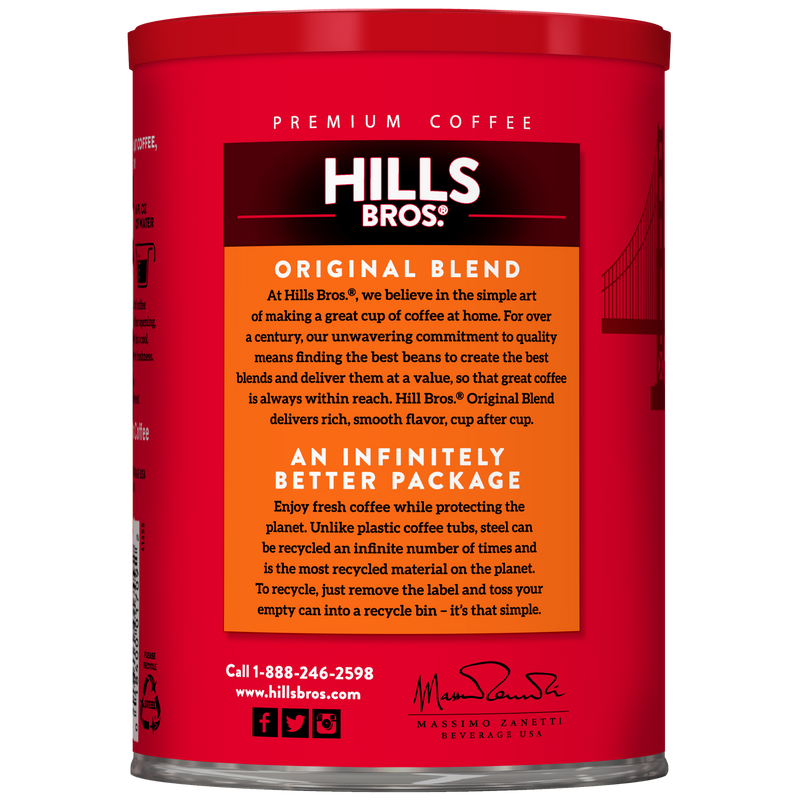 A red canister of Hills Bros. Coffee Original Blend - Medium Roast - Ground, featuring premium coffee beans and medium roast ground coffee, with product and recycling information displayed on the front label.